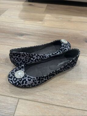 Tory Burch Silver and Black Leopard Ballet Flats with Crystal Disc
